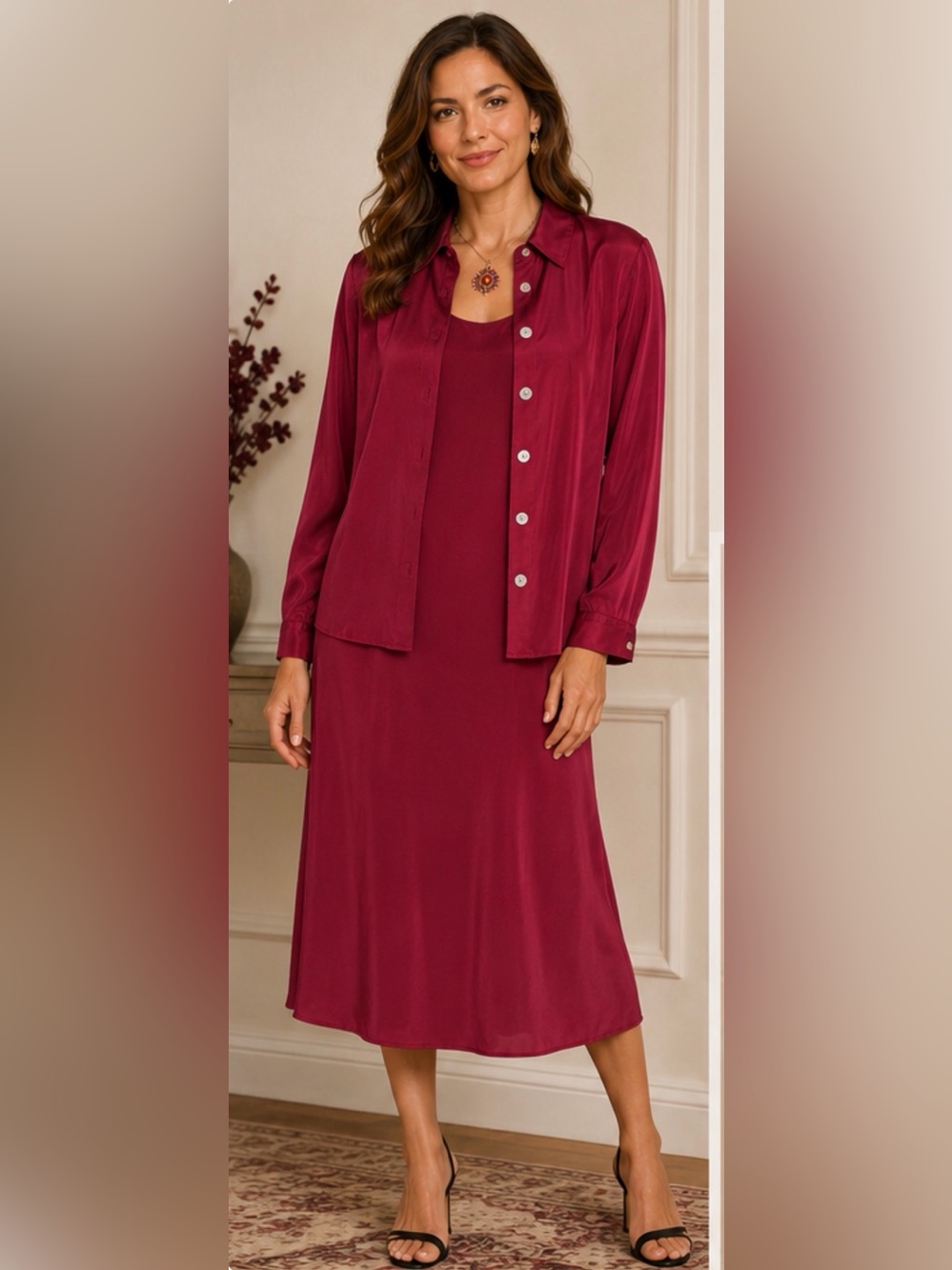 Victoria Holly 100% Silk Burgundy A-Line Dress & Jacket 2-Piece Set Elegant